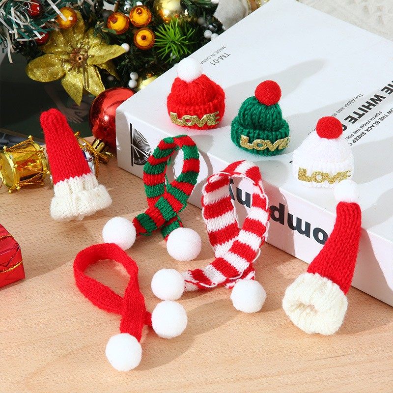 クリスマス用ミニウール帽子、スカーフ、ミルクティーボトルで作った人形、ワインボトルで作った帽子、クリスマス帽子の飾りなど、10個セット