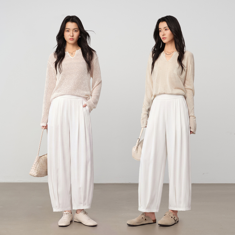 Left Cell'Lantern Pants' Elastic Waist Pleated Lazy Style Wide-Leg Jogger Pants Casual Pants for Women 2026 Autumn