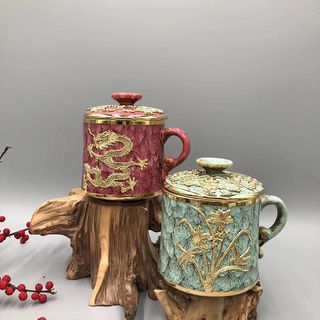 好客山东 威海窑变锡镶盖杯茶杯带盖水杯家用办公室老式会议杯子