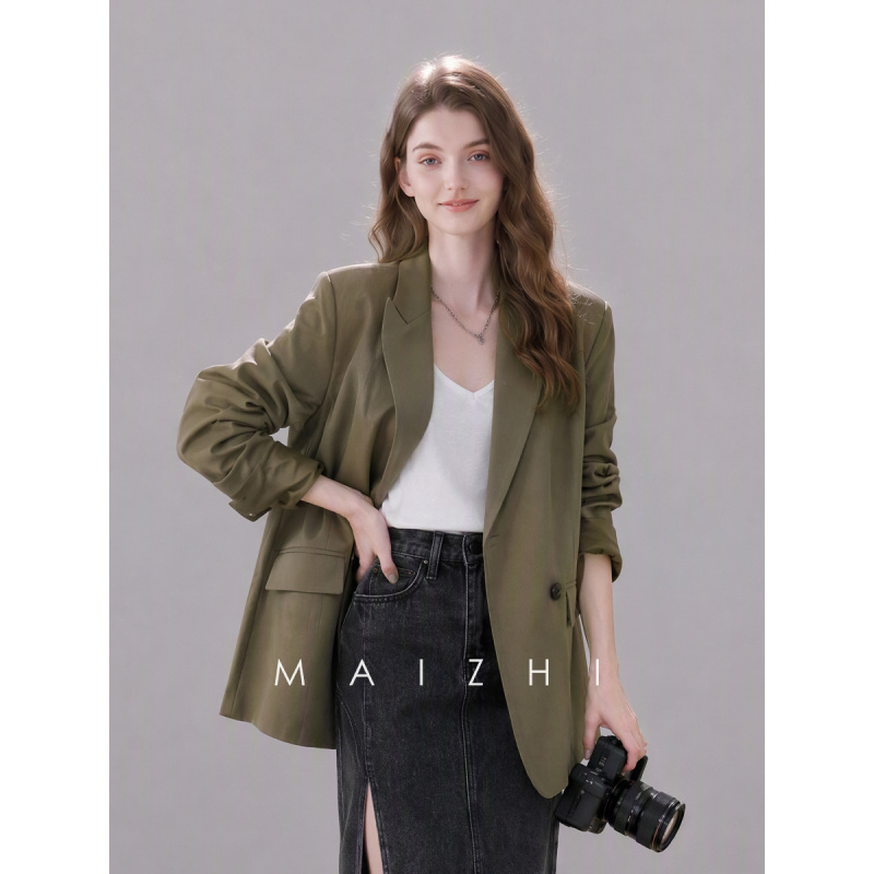 Maizhi Autumn High-End Niche Design Casual Green Blazer for Petite Women, Korean Style Retro Trend