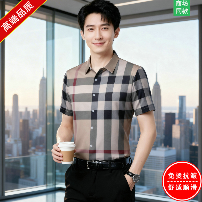 Summer High-End Plaid Men's Short-Sleeved Shirt, Business Casual British Style Ice Silk Non-Iron Silk Mulberry Silk Men's Shirt