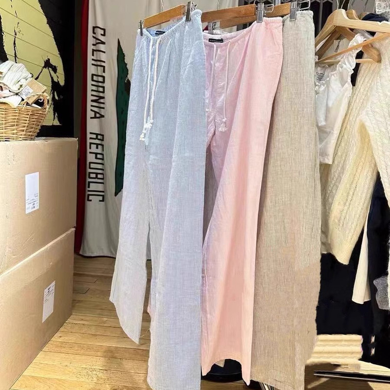 Bm Casual Pants New Striped Tie-Up Long Pants High-Waisted Slimming Pants Versatile Wide-Leg Pants Straight-Leg Pants Casual Pants for Women Bm Casual Pants New Striped Tie-Up Long Pants High-Waisted Slimming Pants Versatile Wide-Leg Pants Straight-Leg Pants Casual Pants for Women