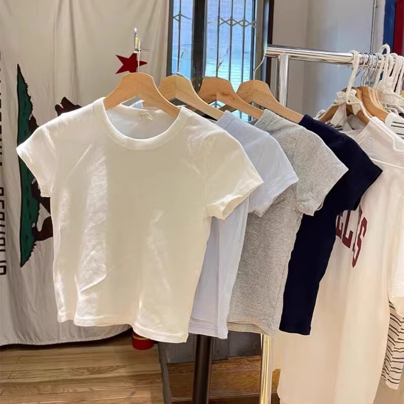 Bm Short-Sleeved Summer Hot Girl New Solid Color Round Neck Short-Sleeved T-Shirt Bm Slim High-Waisted Slimming Pure Cotton Short Top for Women