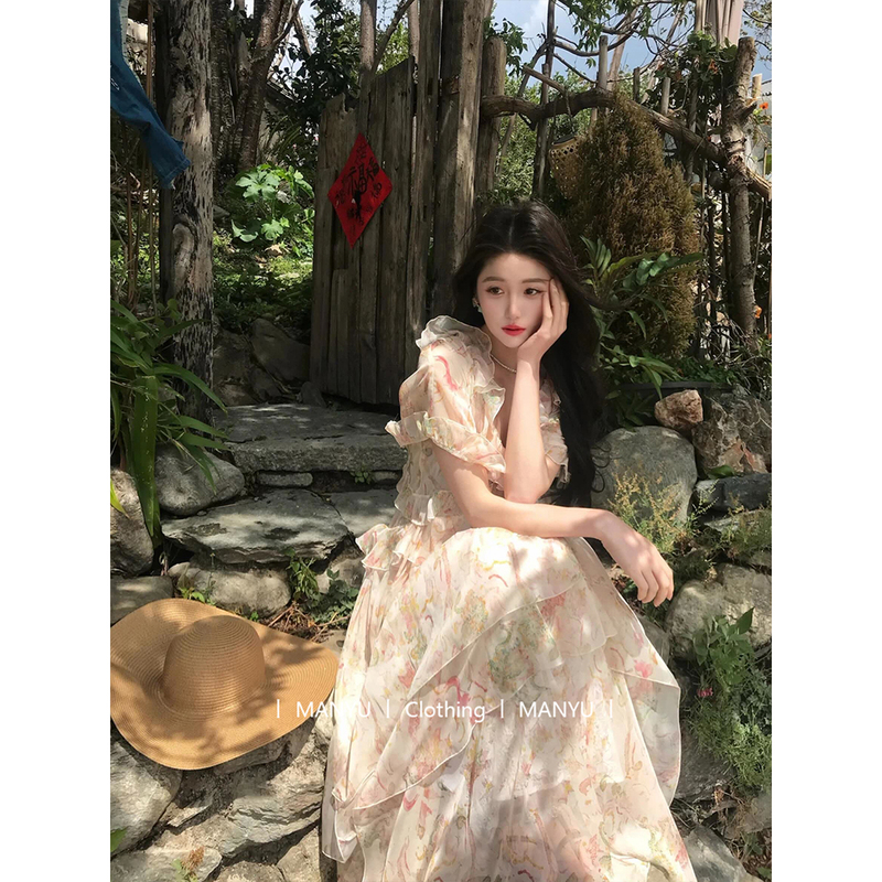 French-Style Dress for Women, Summer Elegant Seaside Resort Style Long Dress with Exquisite Ruffles, Unique and Stunning Floral Print Dress