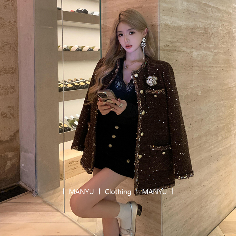 Chanel-Style Coffee-Colored Jacket for Women, New Autumn and Winter Collection, Elegant Socialite Style, Heavy-Duty Woven Tweed Jacket Top
