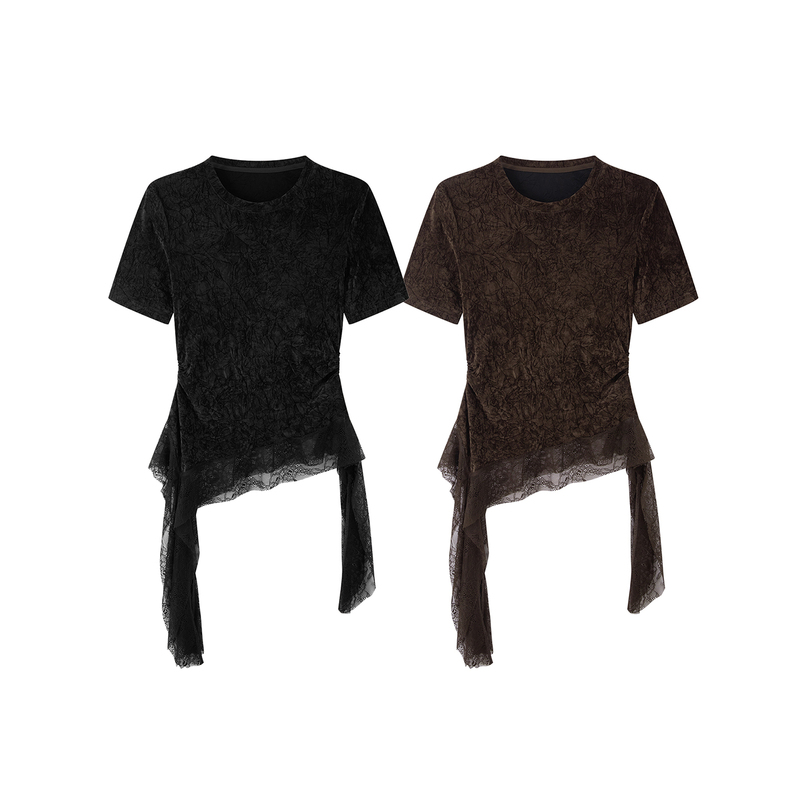 Same Style as in the Mall, 2026 Autumn New Vintage Versatile Irregular Hem Velvet Lace Patchwork Short-Sleeve Top for Women