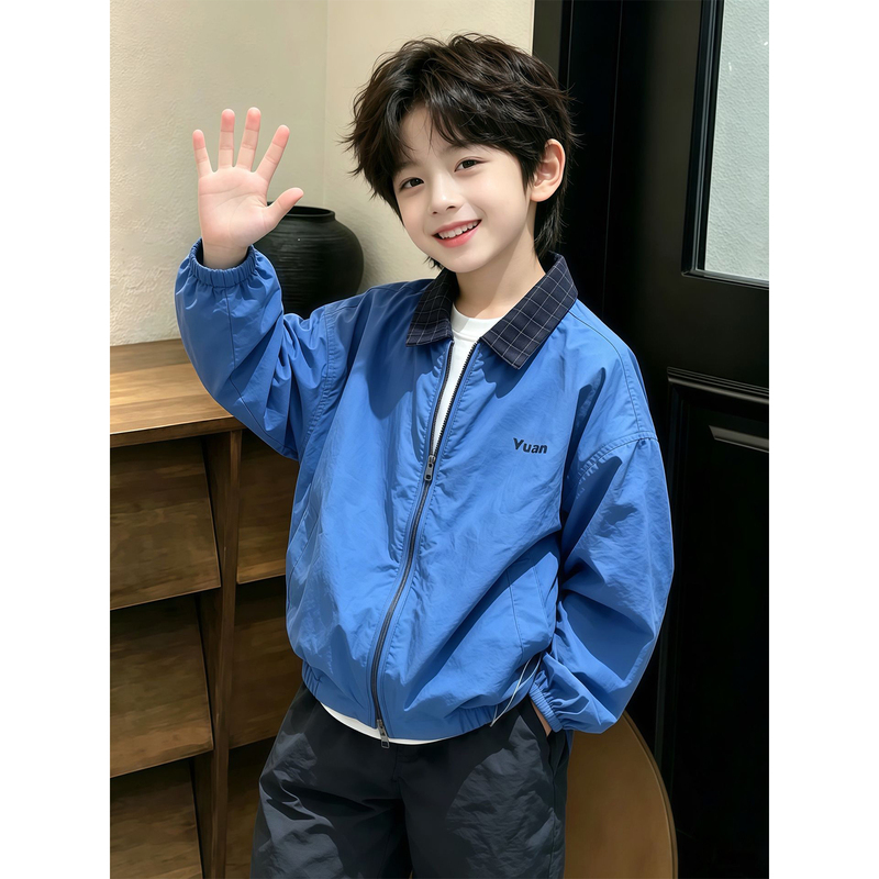 Boys' Jacket 2026 Autumn New Children's Clothing Plaid Lapel Zipper Reversible Jacket for Older Children Children's Top Boys' Jacket 2026 Autumn New Children's Clothing Plaid Lapel Zipper Reversible Jacket for Older Children Children's Top