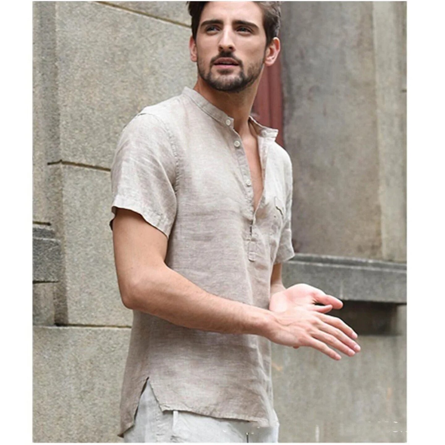 товар из китая men's summer casual solid color pocket short sleeve thin pu