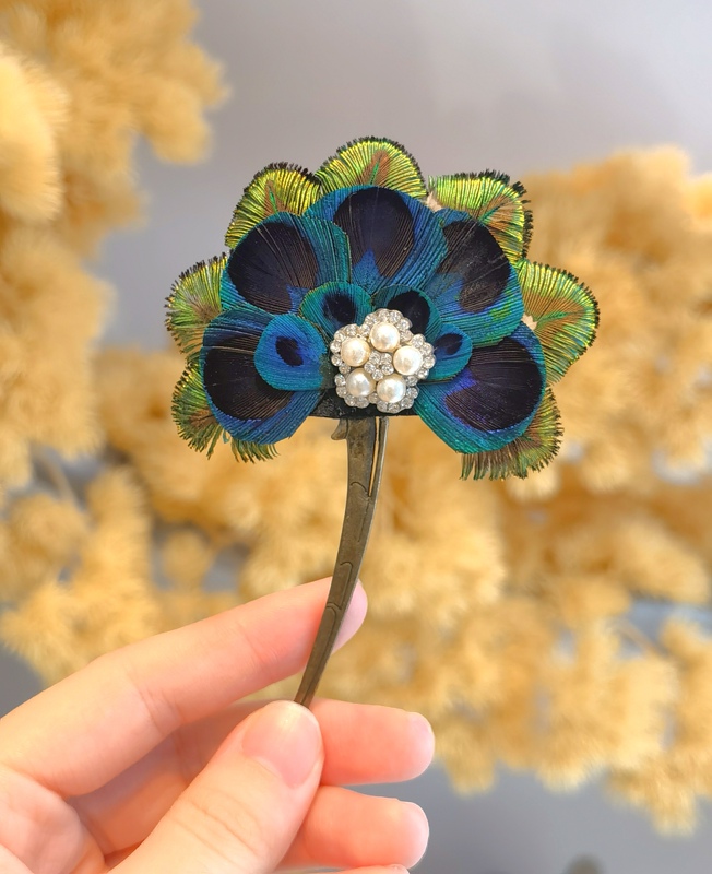 New Ethnic Style Peacock Feather Hair Accessories for Vacation, Retro Gemstone Hairpin Headdress, Bridal Headpiece