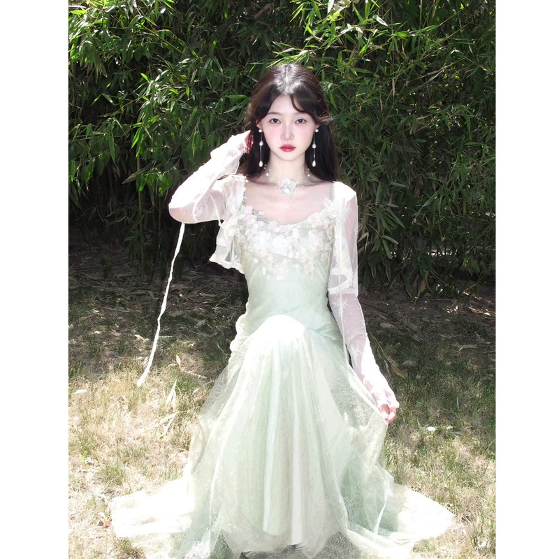 Three-Dimensional Floral Tulle Lace Suspender Dress for Women, Summer Unique and Beautiful Hip-Hugging Slim Long Skirt Cardigan Two-Piece Set