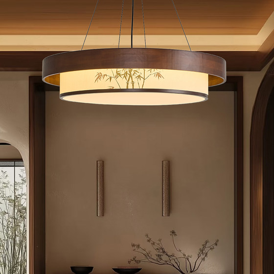 Song Dynasty Aesthetic Chandelier, New Style Painted Solid Wood Dining Room and Tea Room Lamp, Simple Round Main Bedroom Private Room Lamp