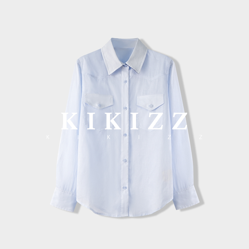 Casual Style Light Blue Long-Sleeved Shirt for Women with Lapel and Double Pockets Loose Shirt for Summer Casual Style Light Blue Long-Sleeved Shirt for Women with Lapel and Double Pockets Loose Shirt for Summer
