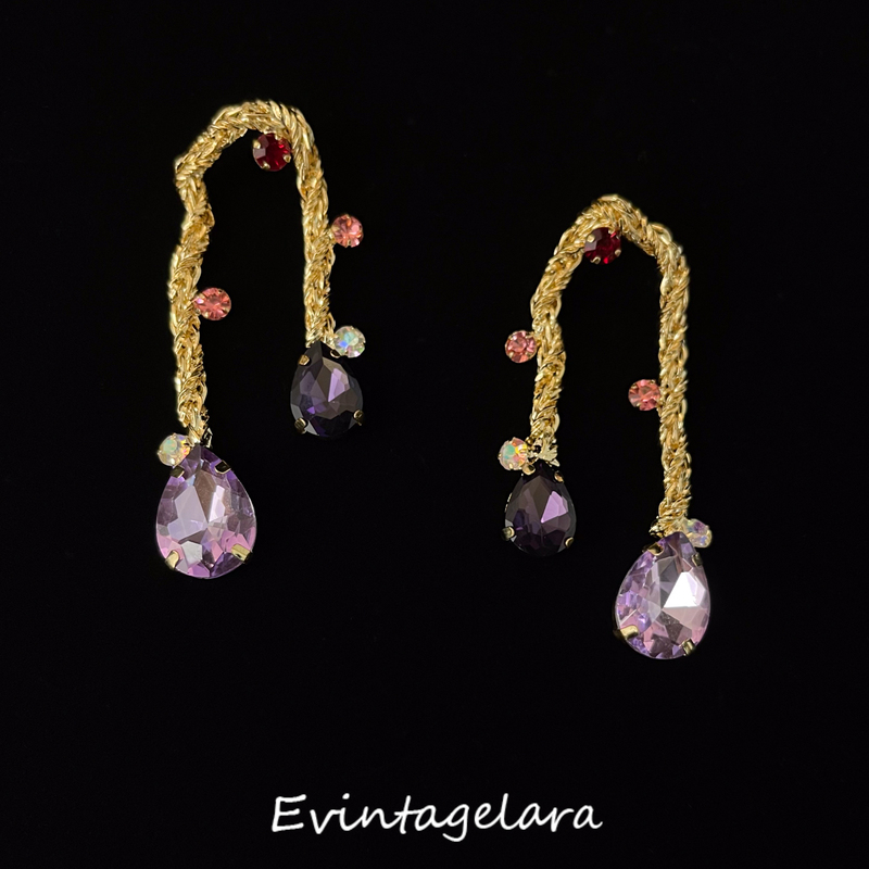 Vintage Second-Hand Earrings "Dreamy Amethyst" French Retro Purple Woven Stud Earrings for Women, Light Luxury Palace Style
