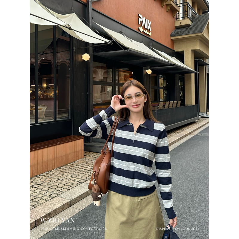 Wang Zhiyan High-End Half-Zip Striped Knit Polo Shirt for Women, Spring and Autumn Casual Versatile Long-Sleeve Top