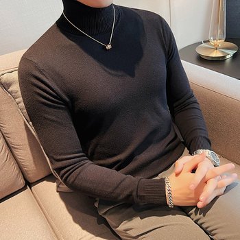 高领毛衣男高级感套头线衣冬季纯色E保暖针织衫修身内搭薄款打底