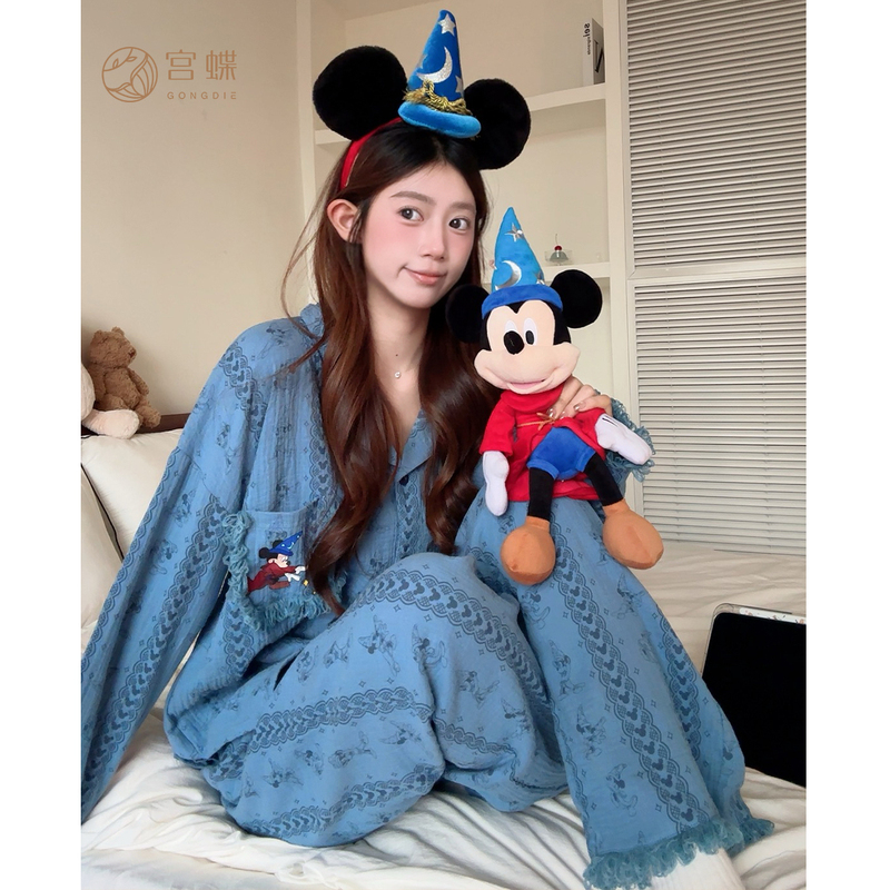 Gongdie [Light and Soft] Disney Mickey Spring and Autumn Pajamas for Women, Long Sleeve Cartoon Cotton Gauze Cardigan Homewear for Summer