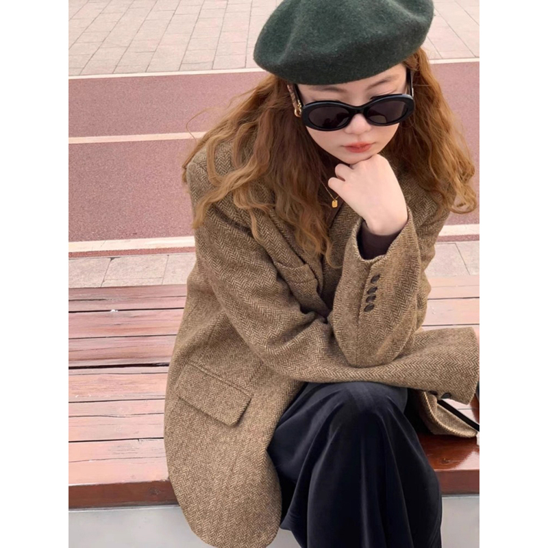 Rabbit Diary Retro Woolen Blazer for Women, Winter Korean Style Herringbone Wool Versatile Coat for Petite Figures