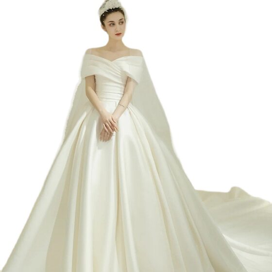 새틴 웨딩 드레스 2025 New Style Bride One-Shoulder Palace 스타일 프랑스 대기 단순 요정 스타일 홈 베일