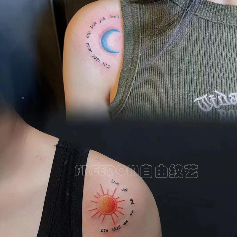 Sun and Moon Colorful Tattoo Stickers Shoulder Fake Tattoos Student Style Couple Washable Stickers Long-Lasting Waterproof