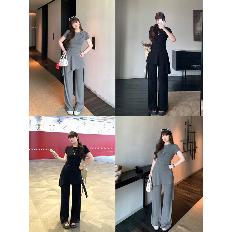 Darlingjust Xiaoyedundun [Bamboo Pole Man Suit] Slimming Short-Sleeve Women's Straight Wide-Leg Casual Pants Suit