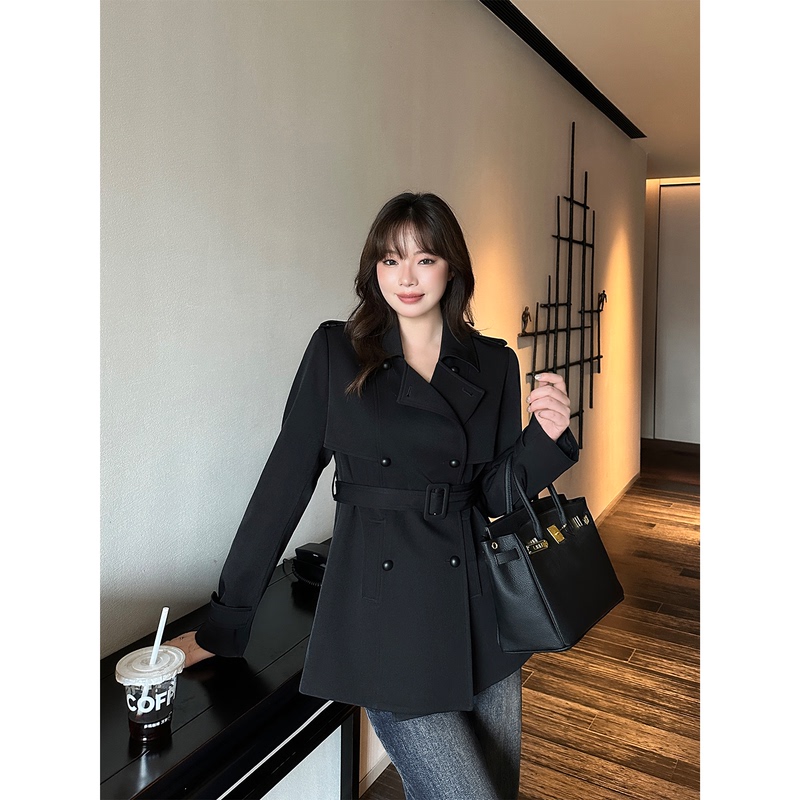 Darlingjust Xiaoyedundun [British Journey] Black Trench Coat for Women, Waist-Cinching, Elegant Short Lapel Jacket