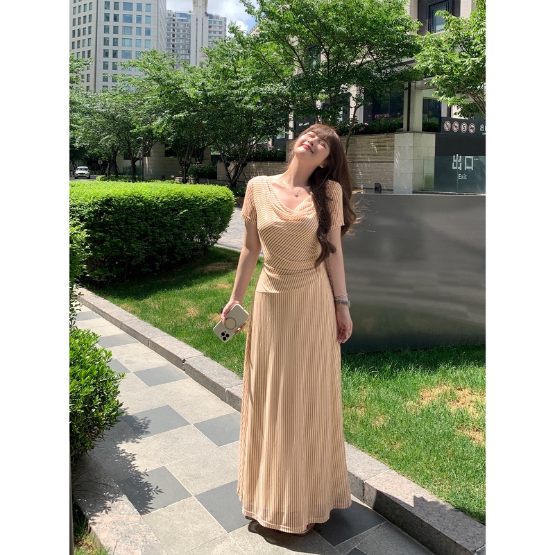 Darlingjust Xiaoyedundun [Summer Sweet Peach] Swing Collar Dress Women's Three-Way Wear Neckline Design Long Dress