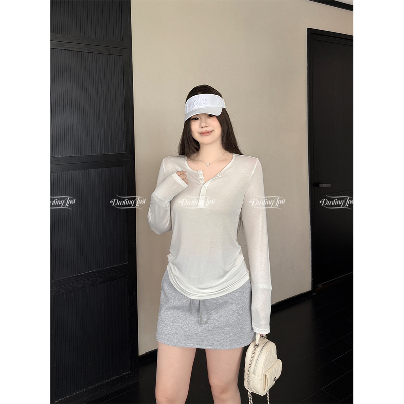 Darlingjust Xiaoyedundun [Lightweight Sunscreen T-Shirt] Henry Collar Long Sleeve Women's Loose Slimming Thin Top