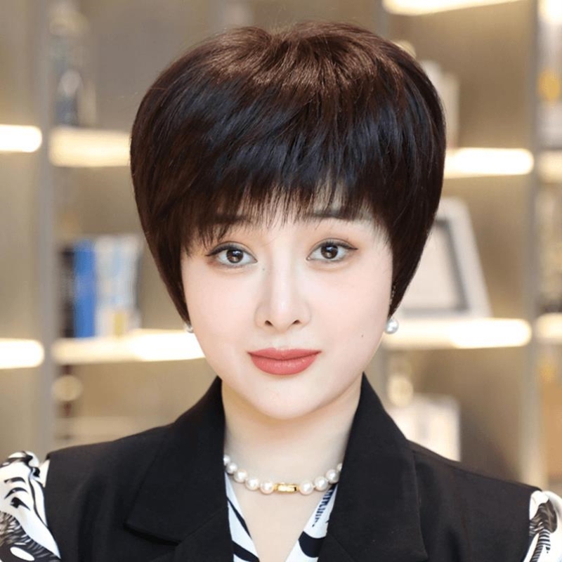 Wig Set with Short Hair, Real Hair, Full Human Hair, Summer Thin Full Head Set, Middle-Aged and Elderly Women's Wig