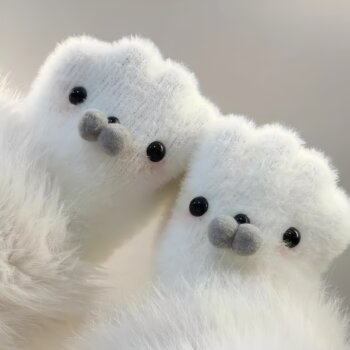 Seal warm gloves for white puppy to protect against cold in winter