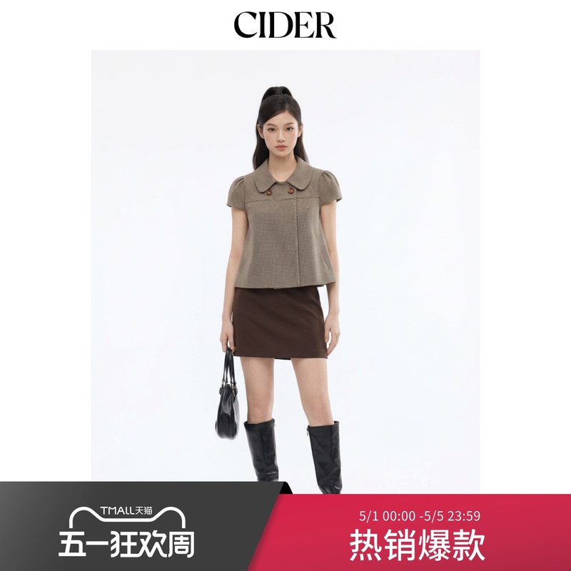 Cider Peter Pan Collar Jacket Plaid Shirt Retro Polka Dot Lapel Plaid Short-Sleeved Top 114740919