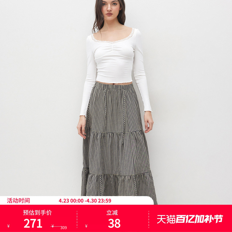 Cider Two-Tone Cotton Mid-Waist Plaid Lace-Up Long Skirt with Adjustable Length 114329792