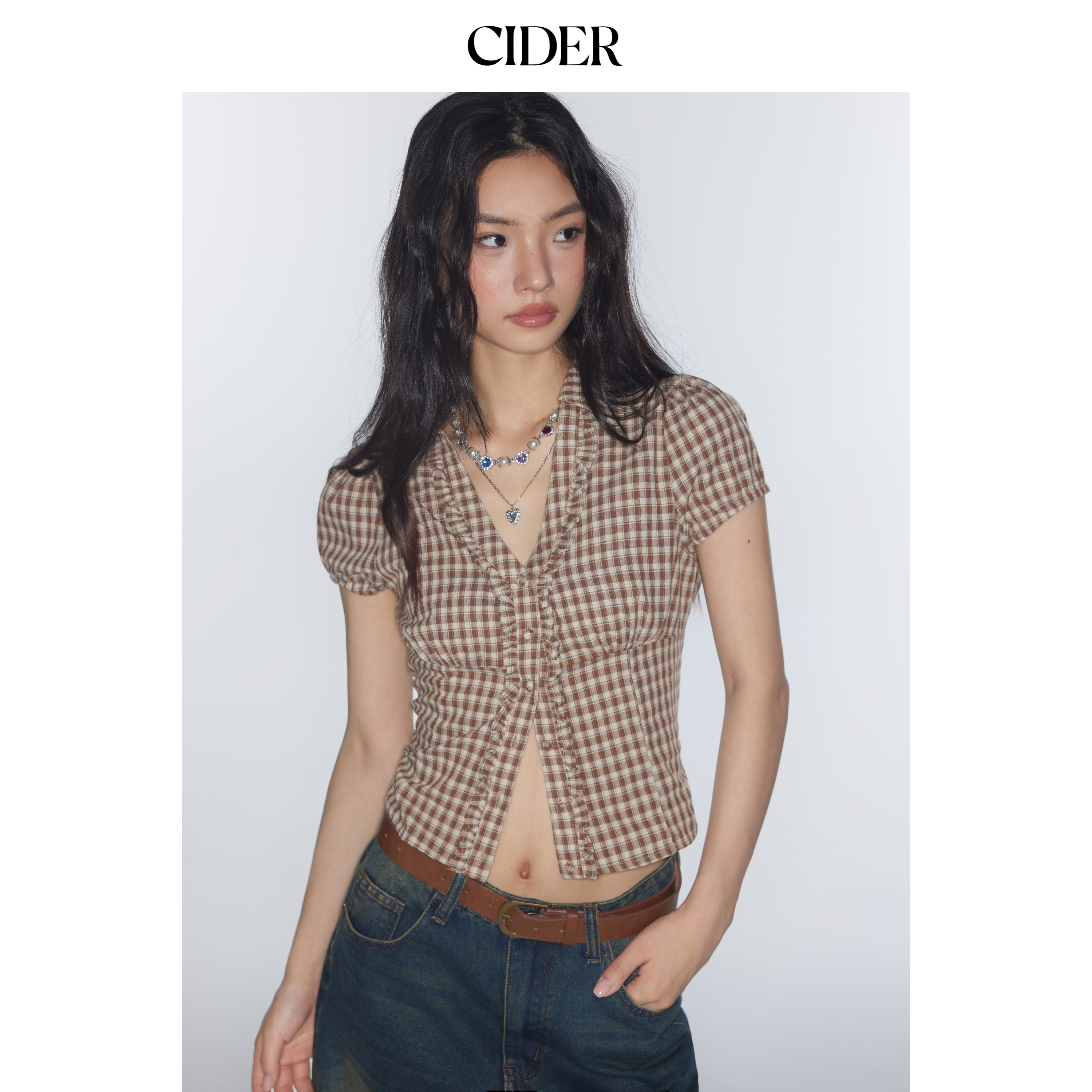 【セレブスタイル】CIDERmiu Vネック チェック柄 ベルト付き 半袖シャツ プレッピーデザイン 11388