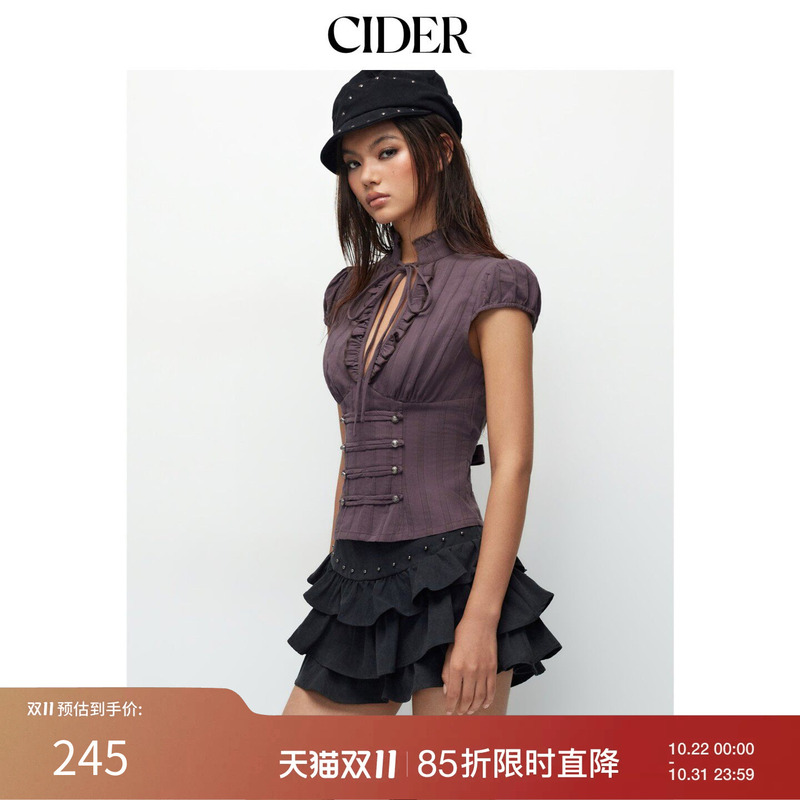[Celebrity Style] Cider2026 Napoleon Lace Collar Hollow Out Dark Pattern Short Sleeve Top 115536848