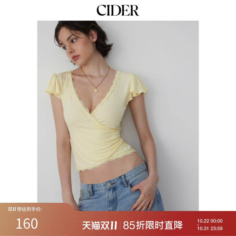 Cider New Autumn Product V-Neck Ruffle Sleeve Lace Tie Pleated Top 115541045