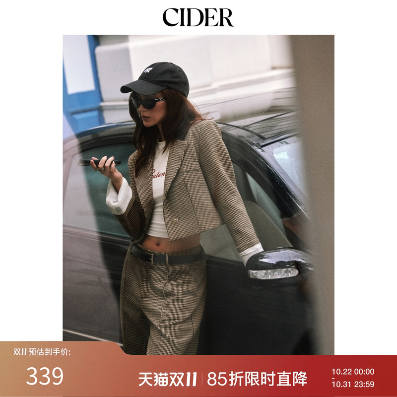 Cider2026 Autumn New Houndstooth Tweed Jacquard Metal Detail Blazer 115606642