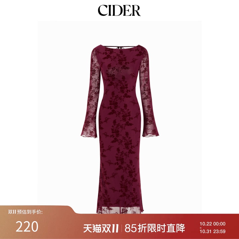 Cider Velvet Swing Collar Floral Backless Lace-Up Long Dress 115092461