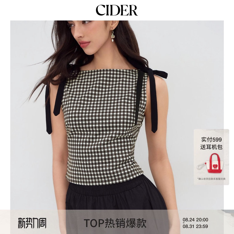 [Celebrity Style] Cider Authentic Early Autumn Boat Neck Plaid Bow Vest Top 114193321