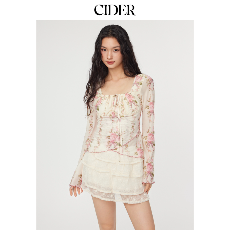 Cider Floral Ruffled Drawstring Long-Sleeved Mesh Sweetheart Cinched Waist Square Neck Top American Women's Clothing 114915152 Cider Floral Ruffled Drawstring Long-Sleeved Mesh Sweetheart Cinched Waist Square Neck Top American Women's Clothing 114915152