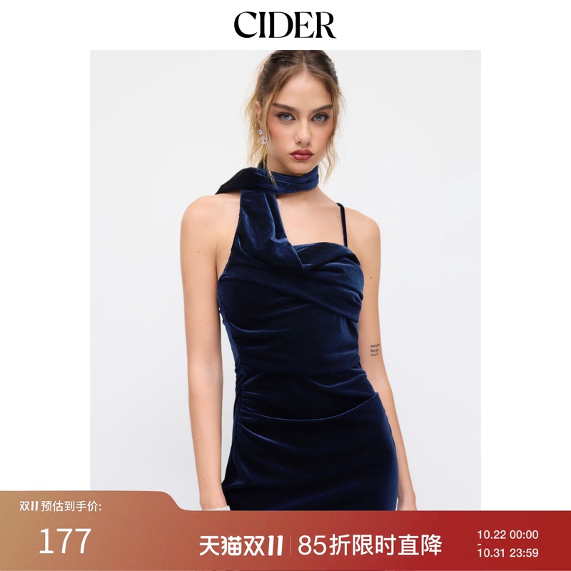 Cider Elegant Velvet Halter Pleated Suspender Long Dress with Scarf 114912168 Cider Elegant Velvet Halter Pleated Suspender Long Dress with Scarf 114912168