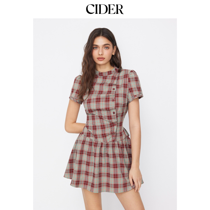 Cider American-Style Plaid Lapel Puff Sleeve Lace-Up Mini Dress 114992258