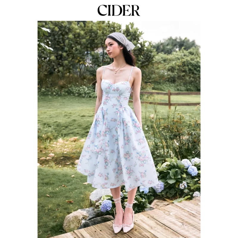 Cider2026 Spring New Floral Sweetheart High Waist Date Sweet Mid-Length Strap Dress 115350054