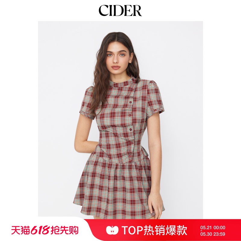 [Celebrity Style] 520 Gift｜Cider American Plaid Puff Sleeve Tie Dress 114992258