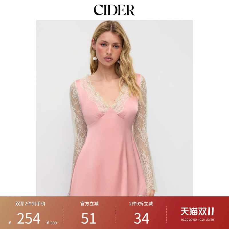 Cider2026 Autumn New Satin V-Neck Lace Trim Long Sleeve Mini Dress 115654213 Cider2026 Autumn New Satin V-Neck Lace Trim Long Sleeve Mini Dress 115654213