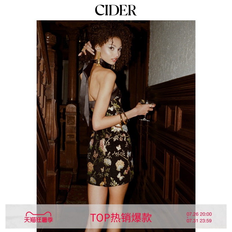 Cider American Style A-Line Jacquard Floral Date Strapless Mini Dress with Bow Scarf 115009973