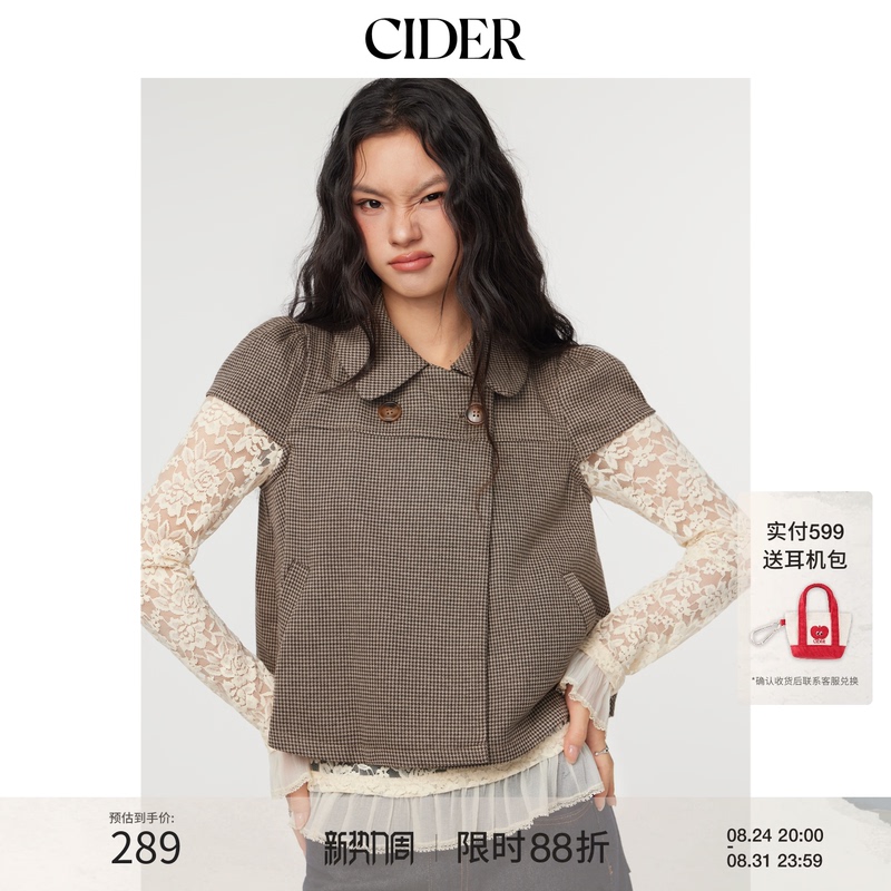 Cider Peter Pan Collar Jacket Plaid Shirt Retro Polka Dot Lapel Plaid Short-Sleeved Top 114740919