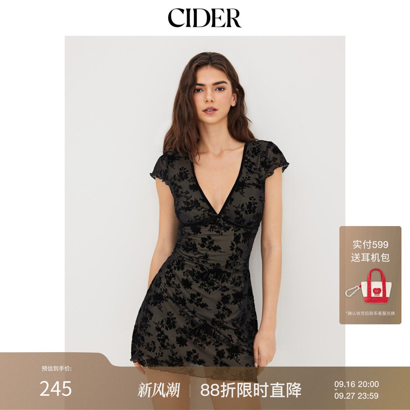 Cider2026 Early Autum New Product Mesh V Neck Floral Bow Mini Dress 114355287