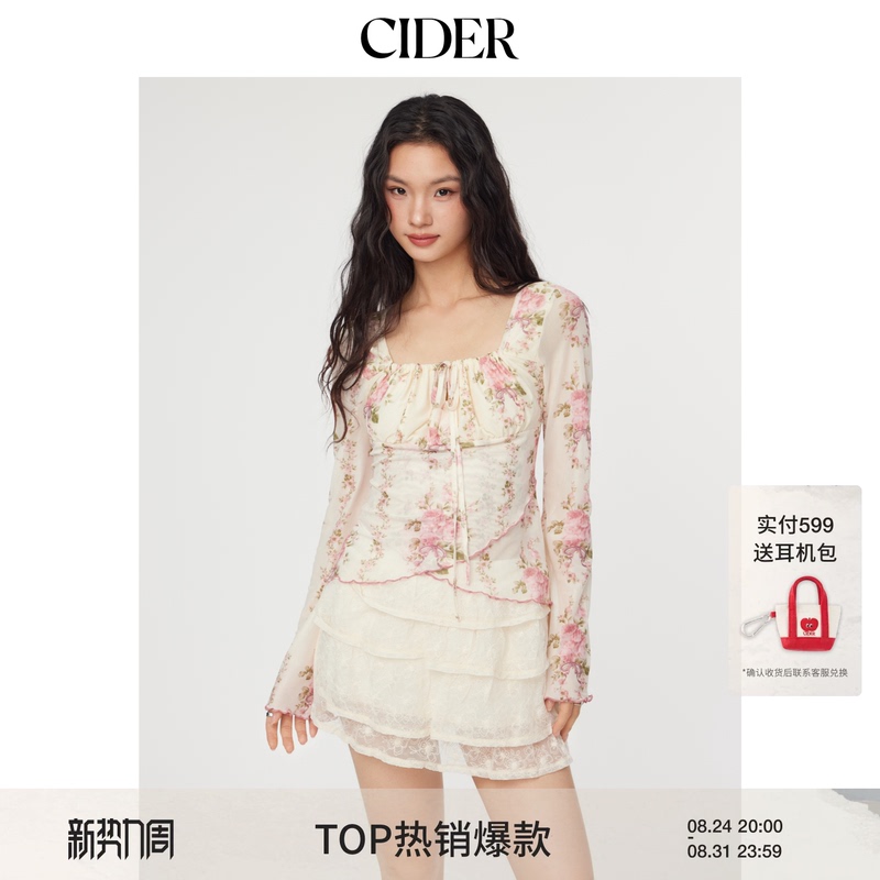 Cider Floral Ruffled Drawstring Long-Sleeved Mesh Sweetheart Cinched Waist Square Neck Top American Women's Clothing 114915152