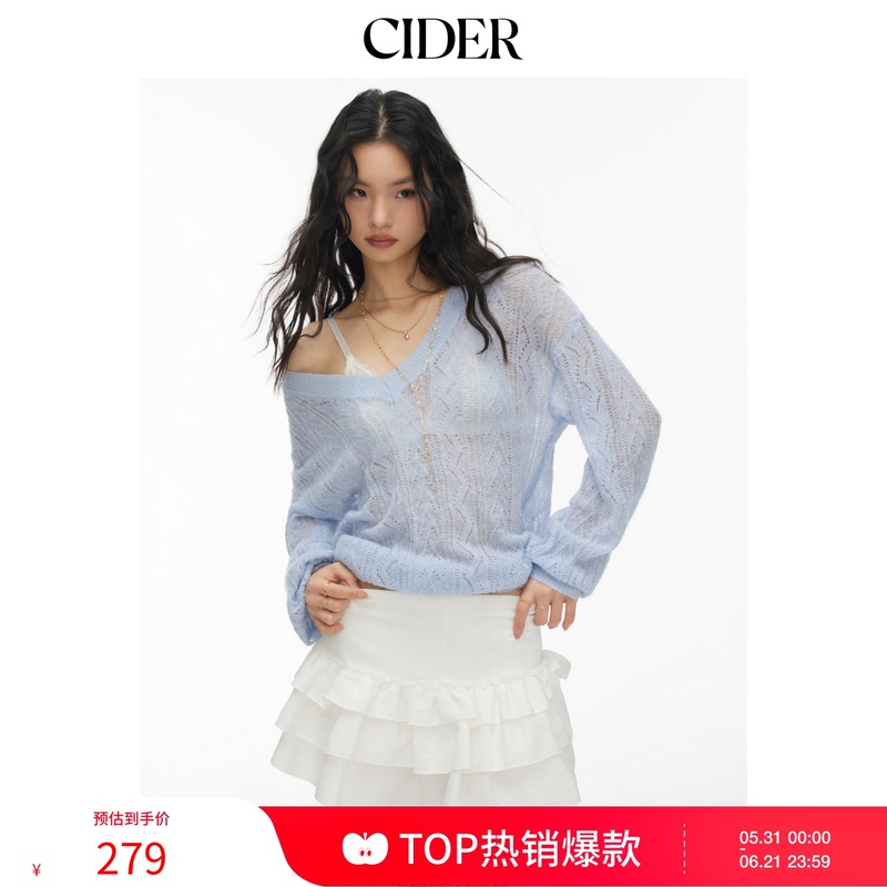 [Celebrity Style] Cider Mohair Knitwear See-Through V-Neck Long Sleeve Sweater 110354245
