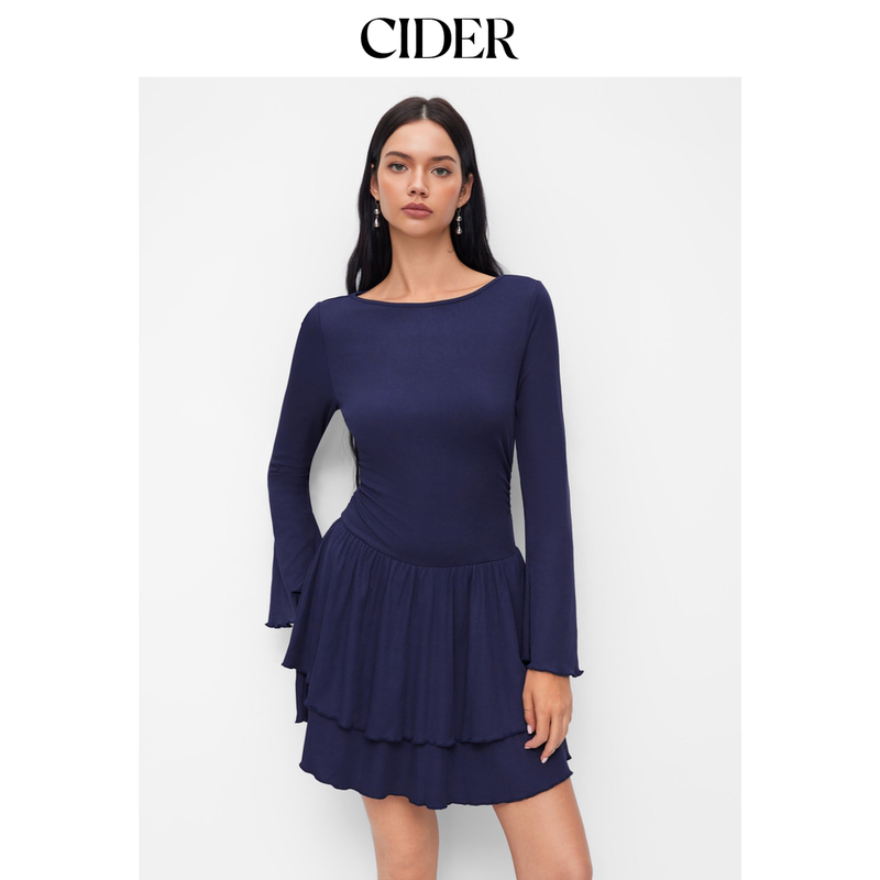 Cider Ruffled Boat Neck Lantern Sleeve Pleated Mini Dress 114698393
