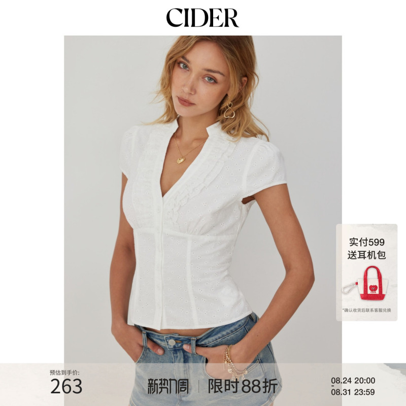 [Celebrity Style] Cider2026 Summer Cotton Blend Hollow Lace Ruffle Shirt 115423922